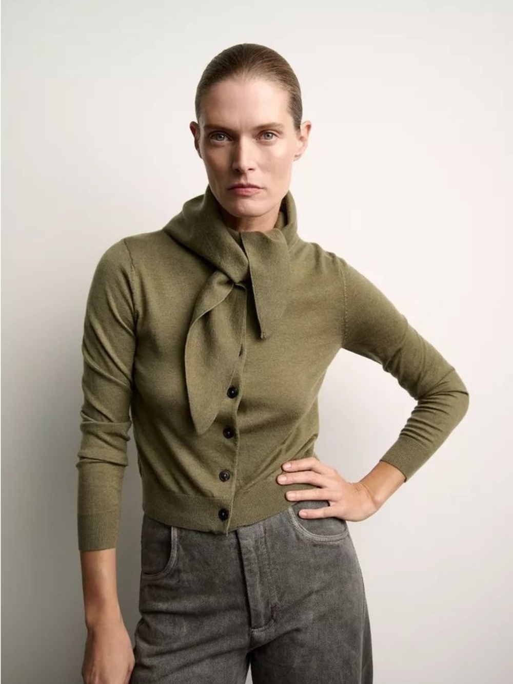 ZARA Women’s Scarf Detail Cardigan Olive Green Size S NWT 2142/165/505